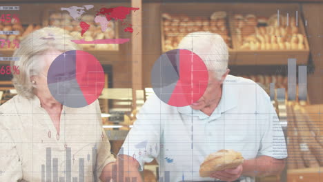 animación del procesamiento de datos financieros sobre una pareja caucásica anciana en la tienda.