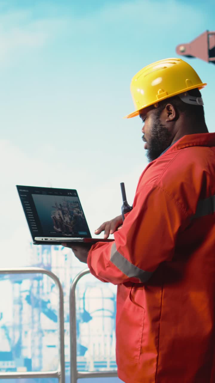 Vertical video Fossil fuel company expert using laptop software