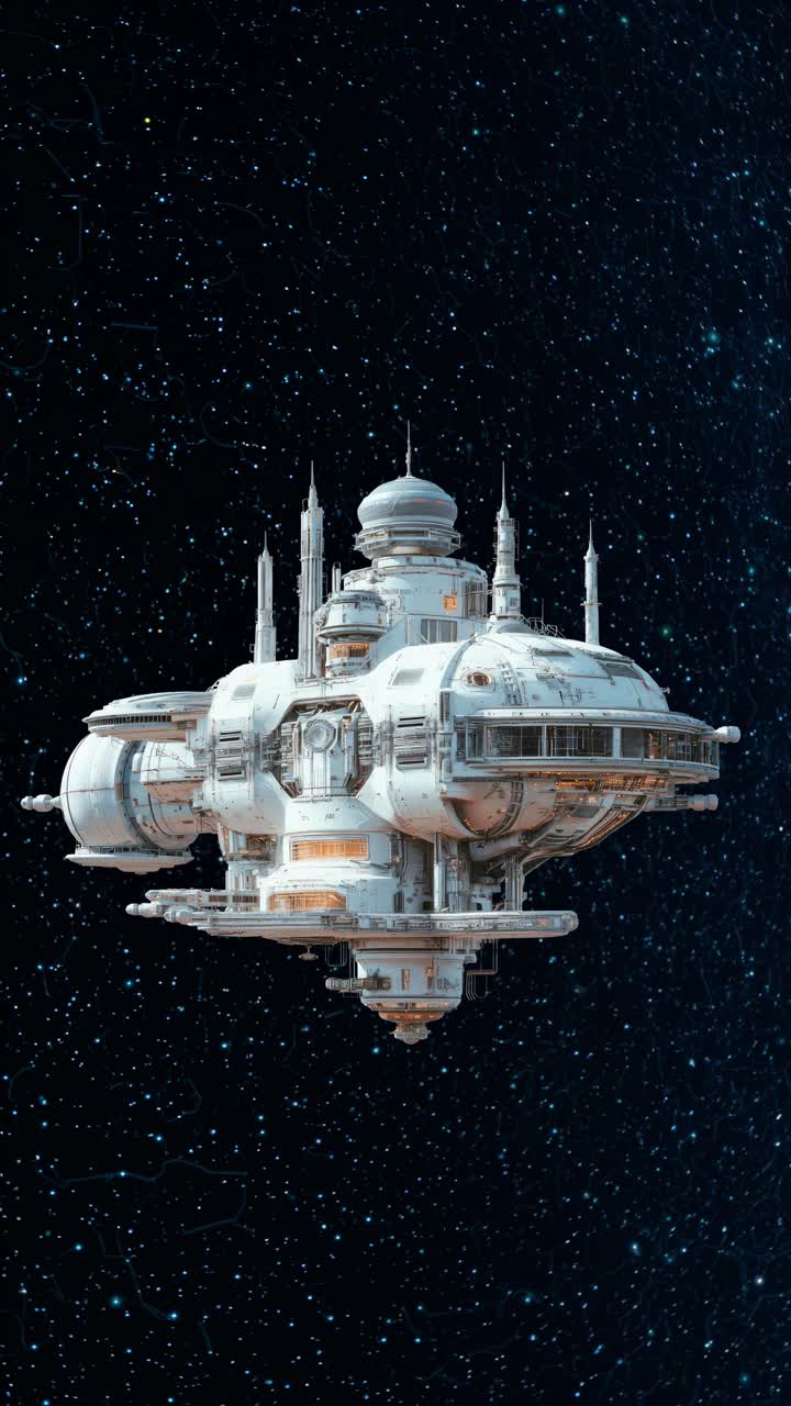 Stazione spaziale futuristica nello spazio profondo, catturata da una prospettiva dal basso