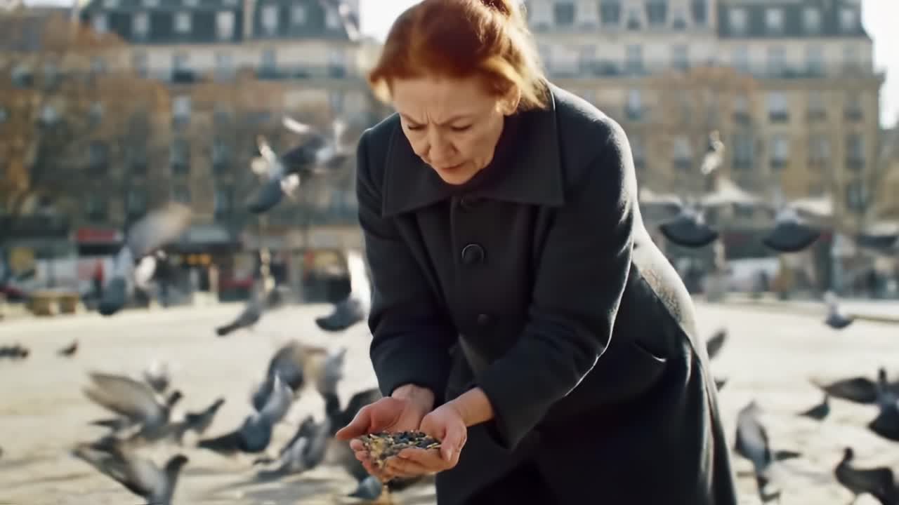 A woman gently releases seeds from her hands as a flock of pigeons gathers around her, creating a picturesque scene of nature and urban life in the background