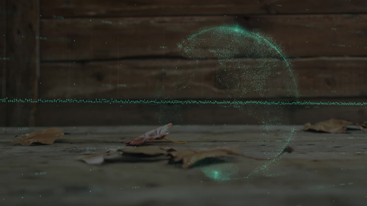 Falling leaves on ground with digital globe and data animation overlay