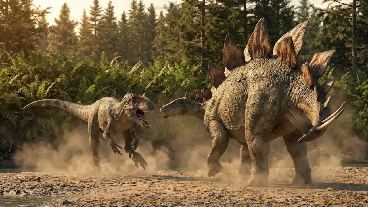 Dinosauri che combattono in una foresta preistorica
