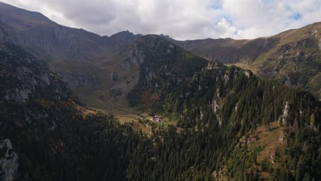 malaiesti valley in bucegi mountains with colorful autumn foliage, aerial view