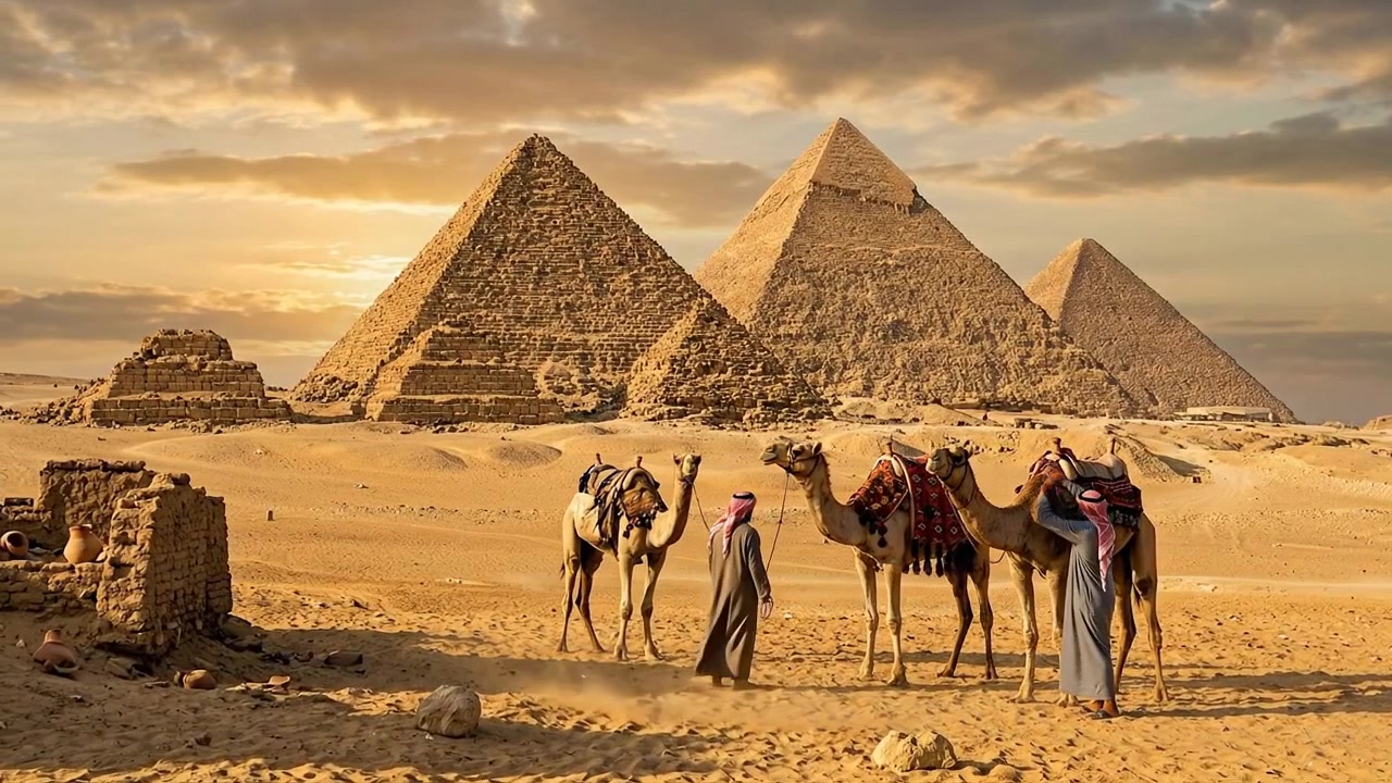 Beduíni s velbloudy u pyramid v Gíze v Egyptě