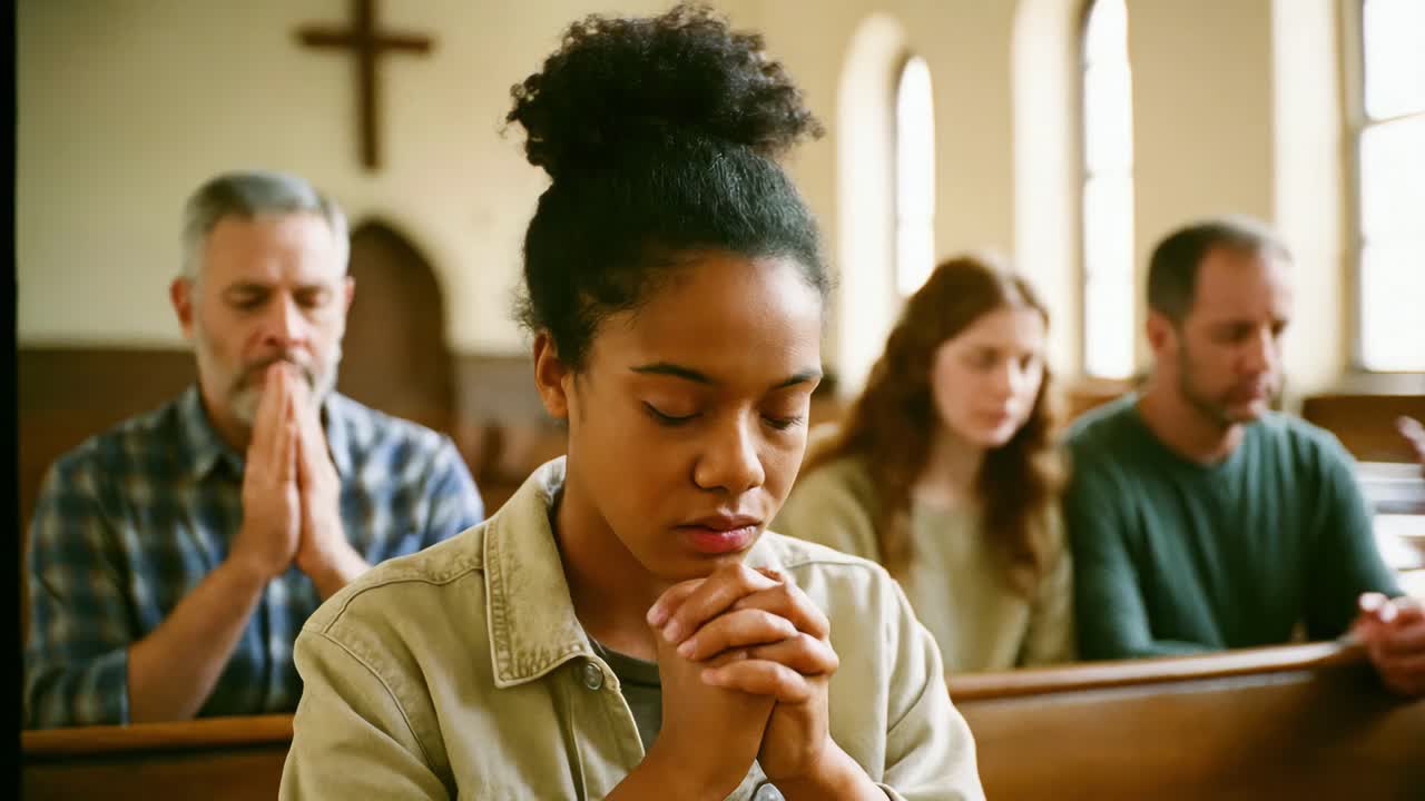 A video still of diverse individuals praying in a church, captured from a front angle