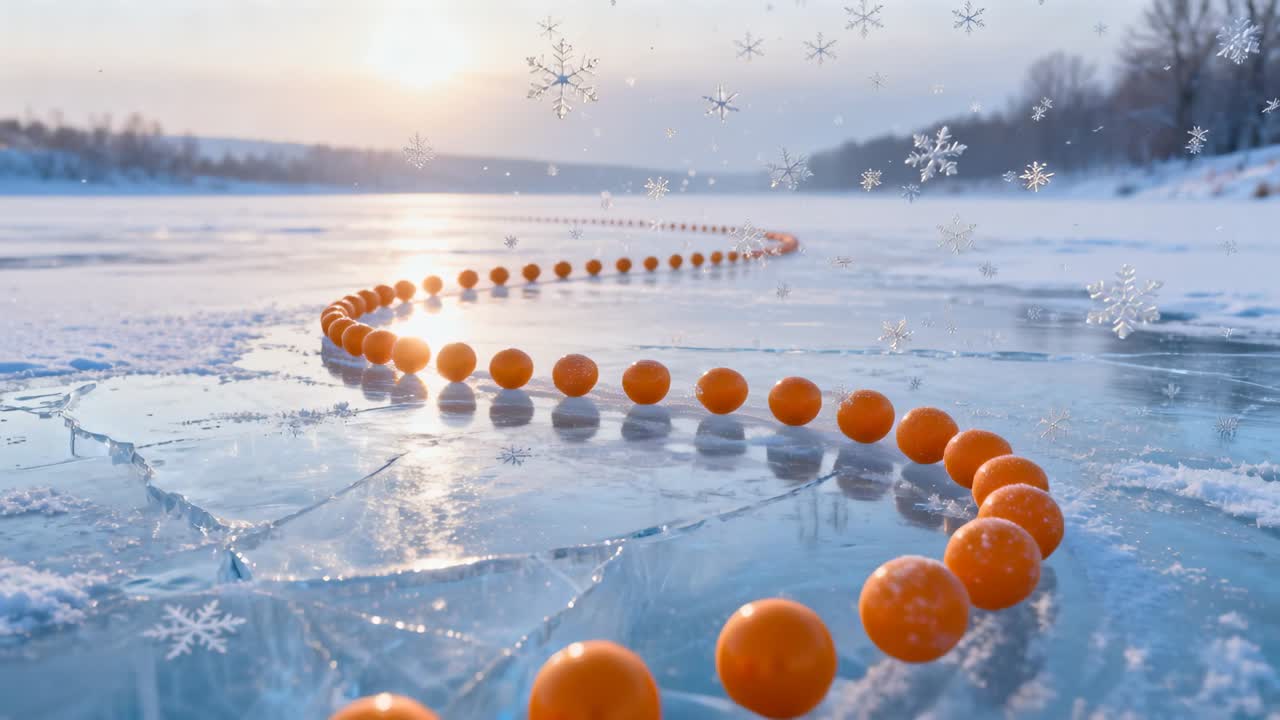 Kamerapanorering, orangea sfärer rör sig på sprucken is, en snöflinga driver, avslöjar detaljer för design.