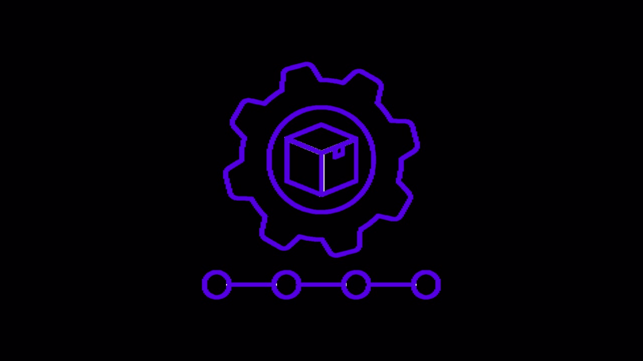 Icono animado de engranaje y caja morados con flujo de proceso