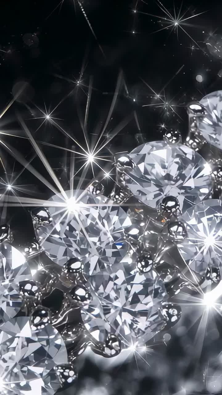 Vertical video: Panning camera showing gem cluster with prongs on black, catching reflections