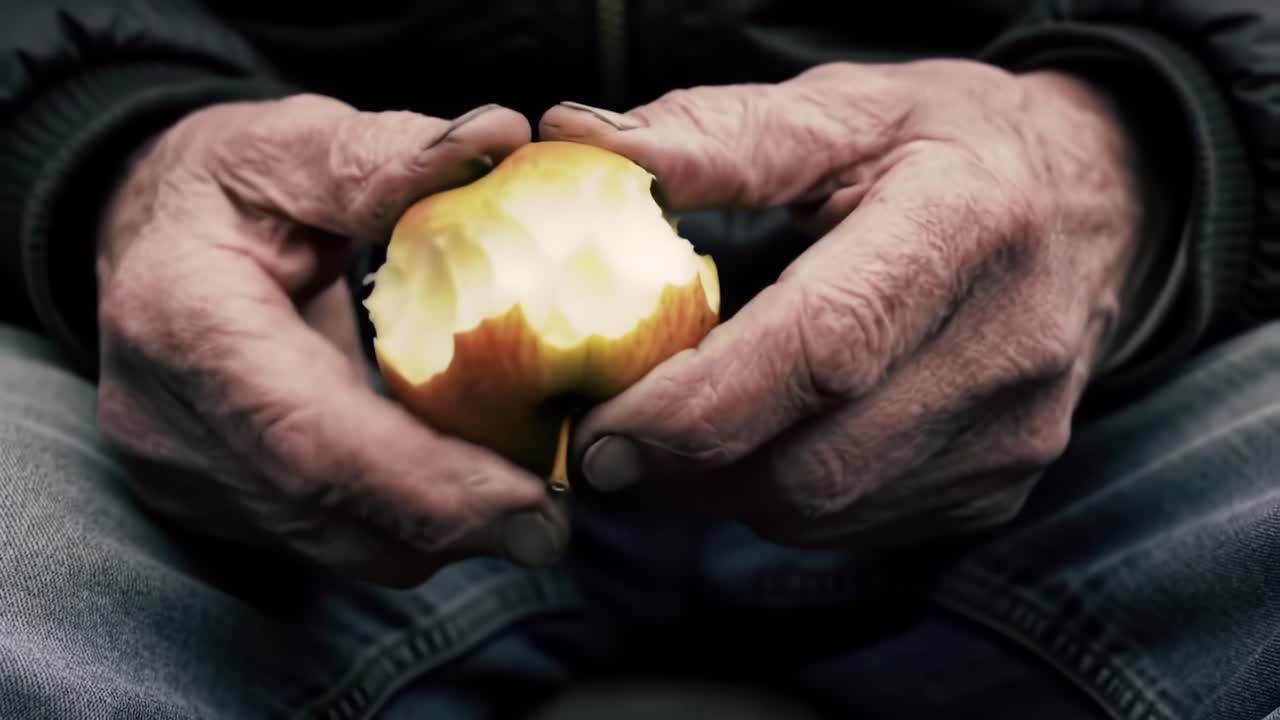 A Close-Up of Weathered Hands Holding a Partially Eaten Apple, Capturing the Essence of Simple Pleasures and Daily Moments of Reflection
