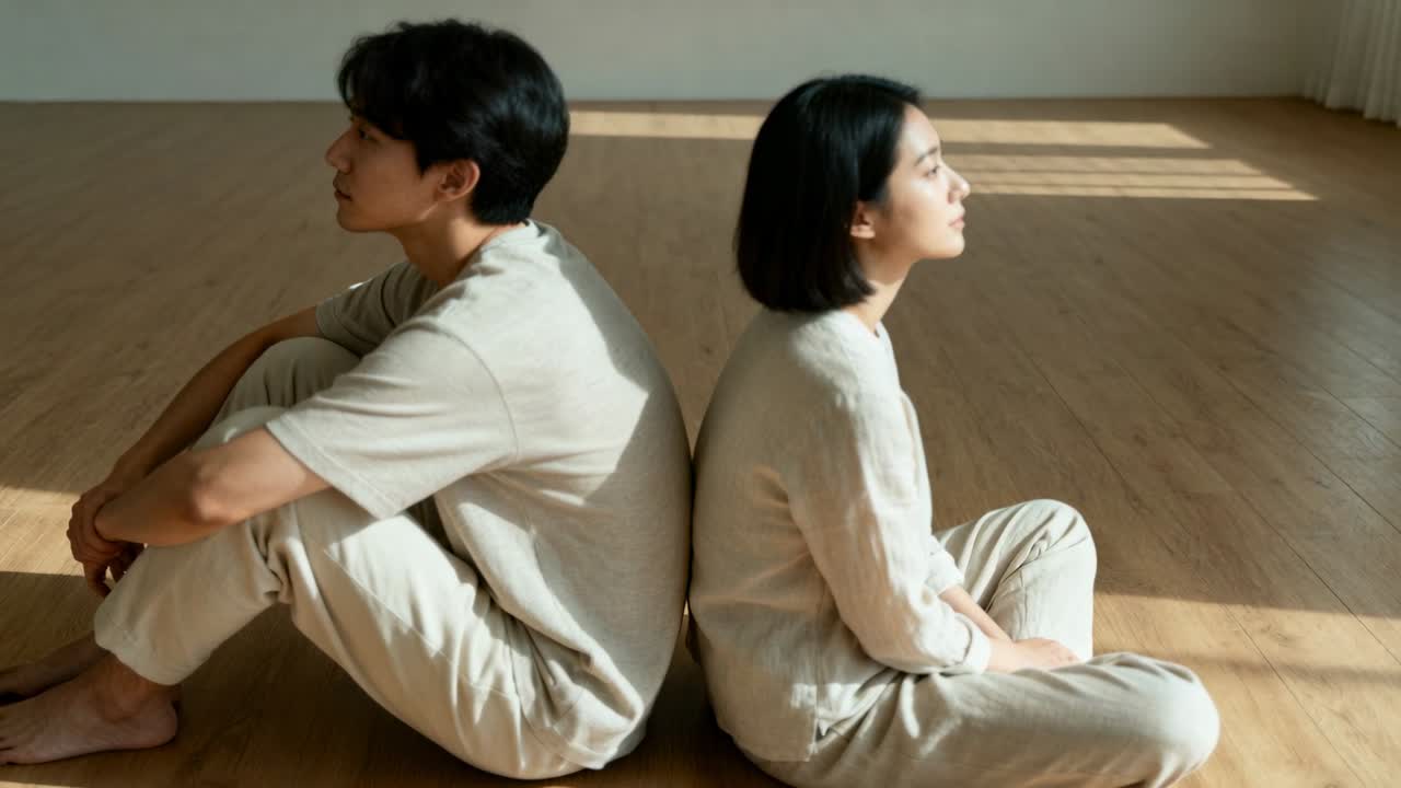 평범한 방에서 두 명의 성인이 등을 맞대고 빛에 반응하며 움직이고 몸을 돌려 햇빛이 비치는 곳을 향하고 있습니다.