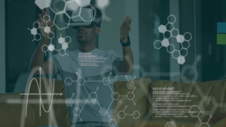 Animation of chemical compounds and medical data processing over man wearing vr headset