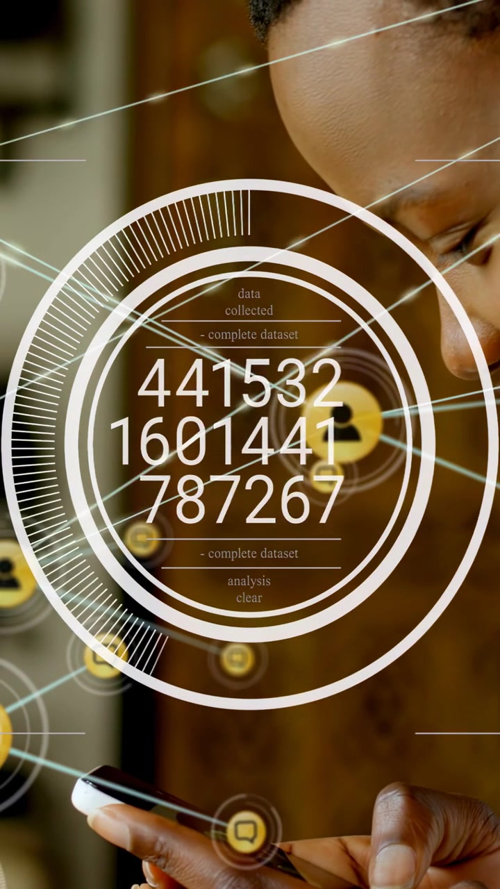 Woman tapping smartphone, HUD appearing, pulsing, nodes linking and numbers updating for analytics