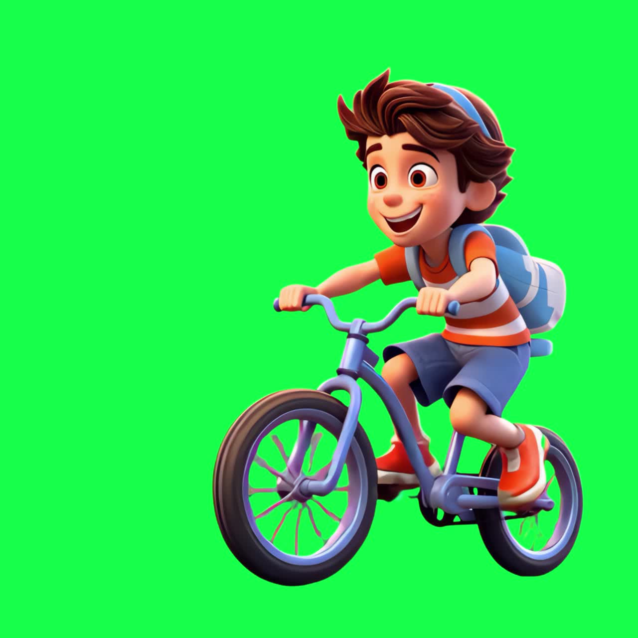 Joyful cartoon boy cycling animation, transparent 4K video, green screen