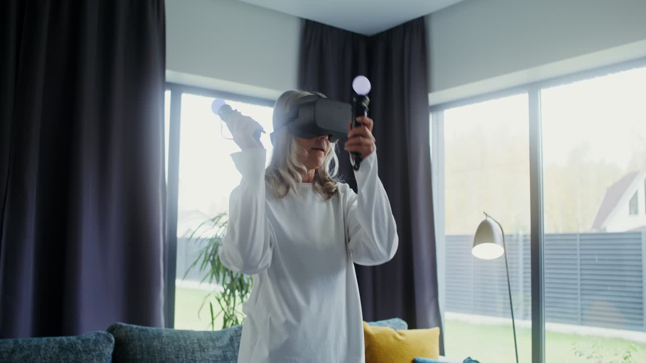 Woman experiencing virtual reality in her living room