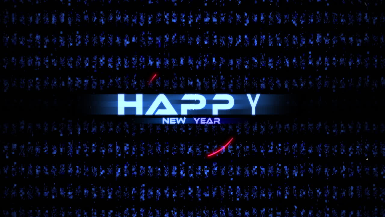 Digital Happy New Year text on computer screen with HUD elements
