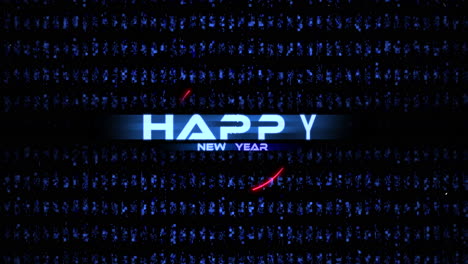 digital happy new year text on computer screen with hud elements