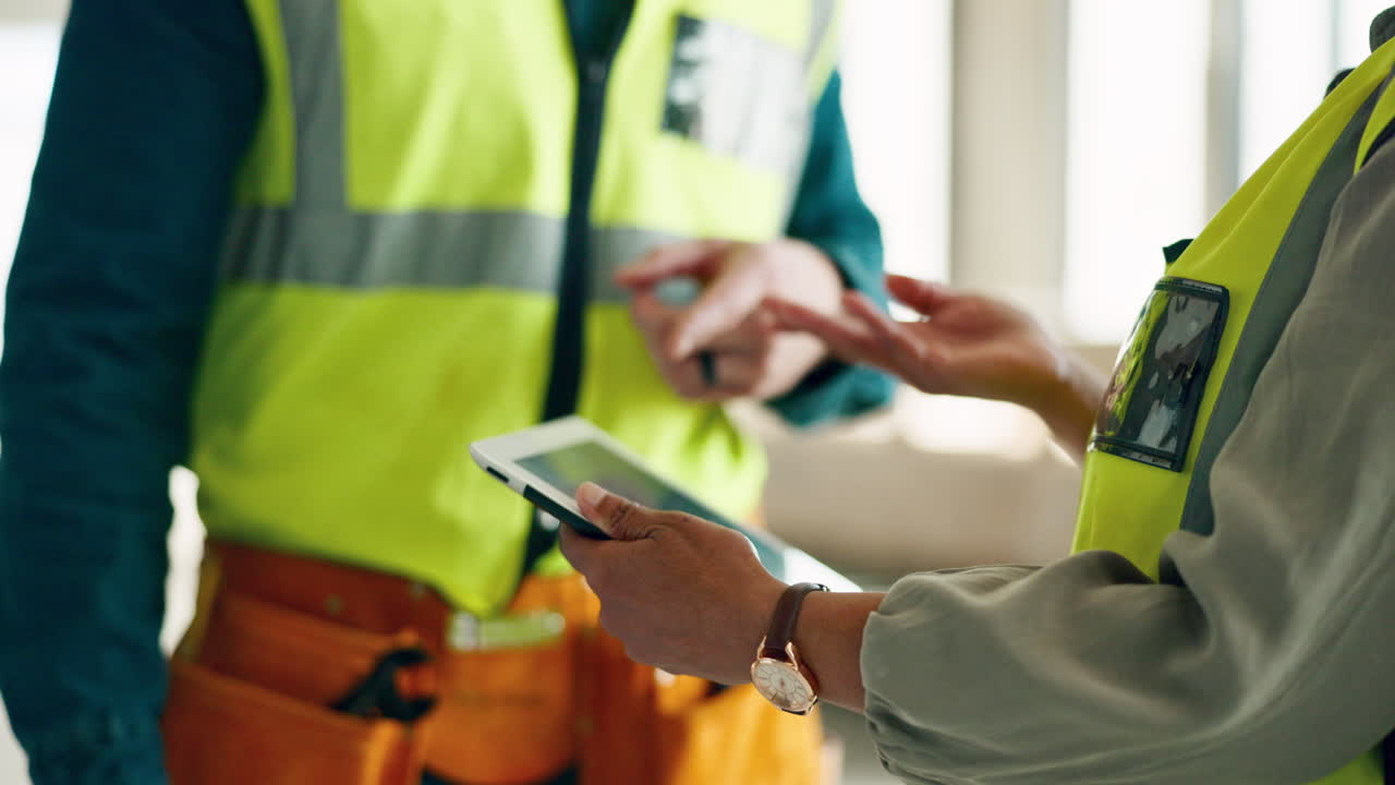 ingeniero, tableta digital y trabajador de la construcción