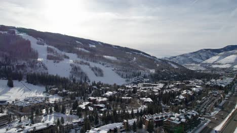 Panning-down-shot-over-a-busy-ski-resort-in-Colorado-in-the-winter