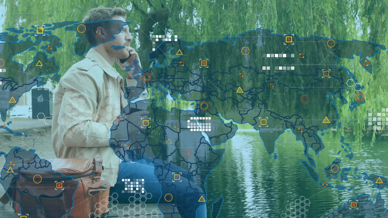 Phone call initiating travel map overlay, man sipping coffee photographing pond leaving dock