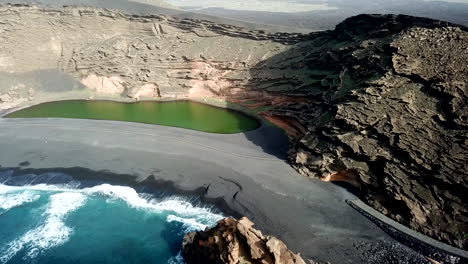 Aerial-Footage-Of-The-Green-Lagoon-At-El-Golfo,-Lanzarote