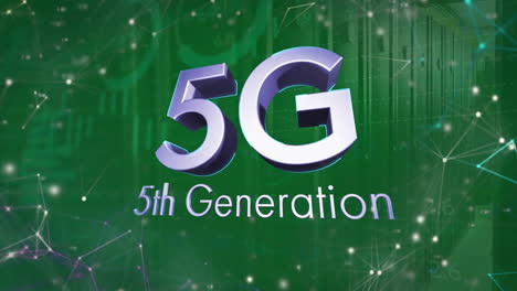 animación de texto de 5g de quinta generación con red de conexiones y procesamiento de datos a través de la sala de servidores