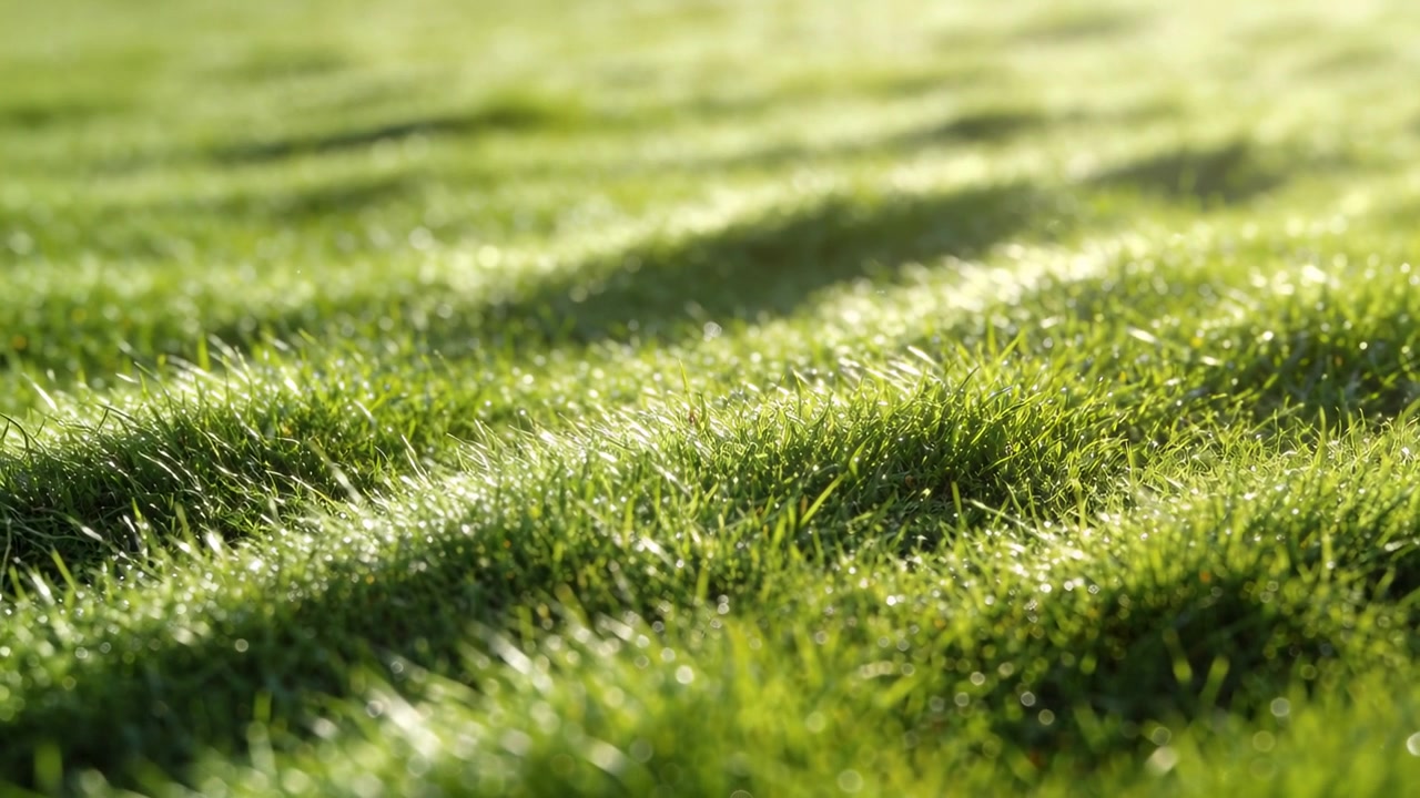 Eine sich bewegende Kamera fokussiert auf Gras in einem sonnigen Garten und enthüllt Tautropfen und Schattenstreifen.