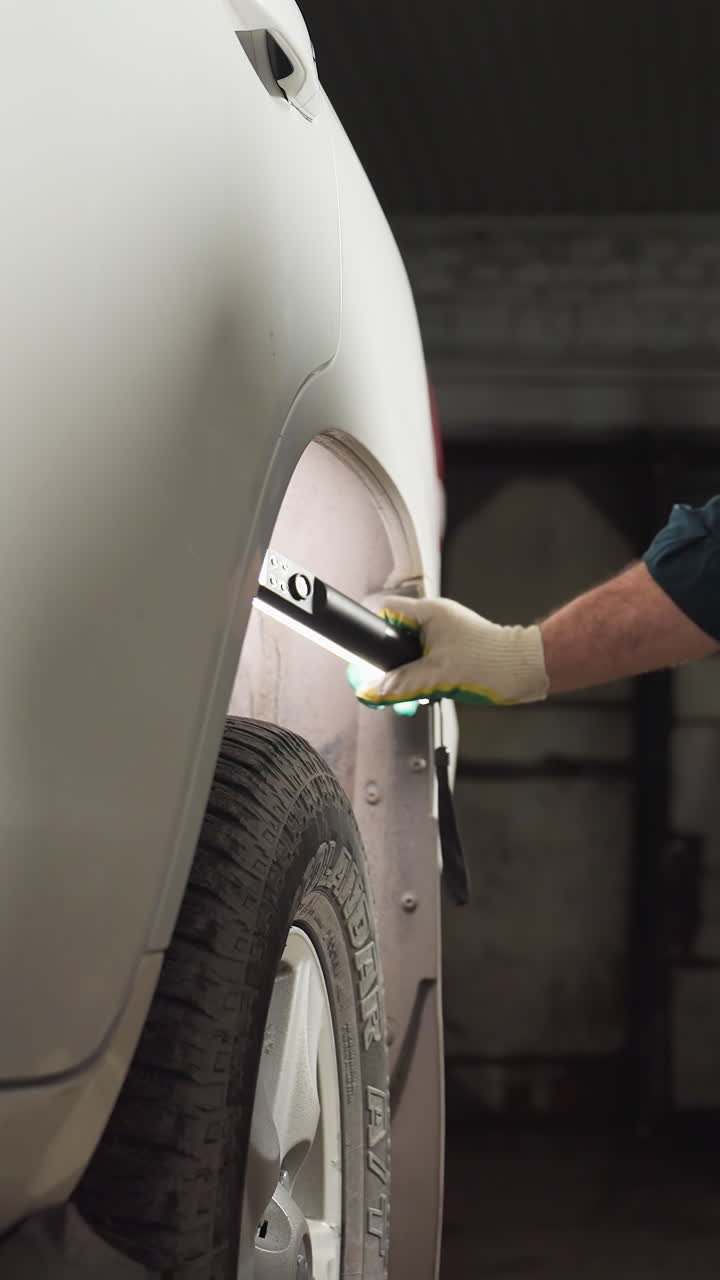 Mechanic in blue uniform using a torchlight to inspect a car tire, focusing closely while kneeling, with the workshop's blue lift visible in the background