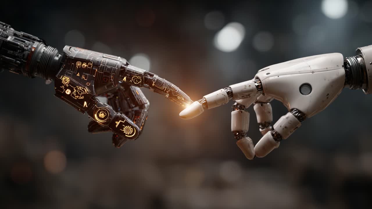 A Captivating Moment of Connection: The Artistic Interaction Between Two Robotic Hands Symbolizing Human-Machine Collaboration and Technological Advancement