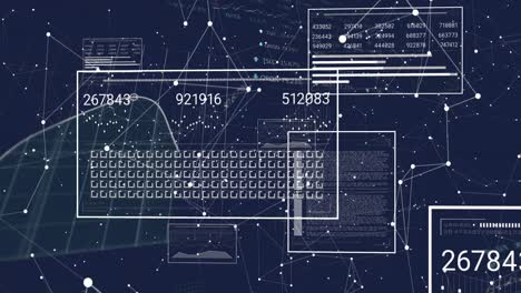 Animation-of-interface-with-data-processing-and-network-of-connections-against-blue-background