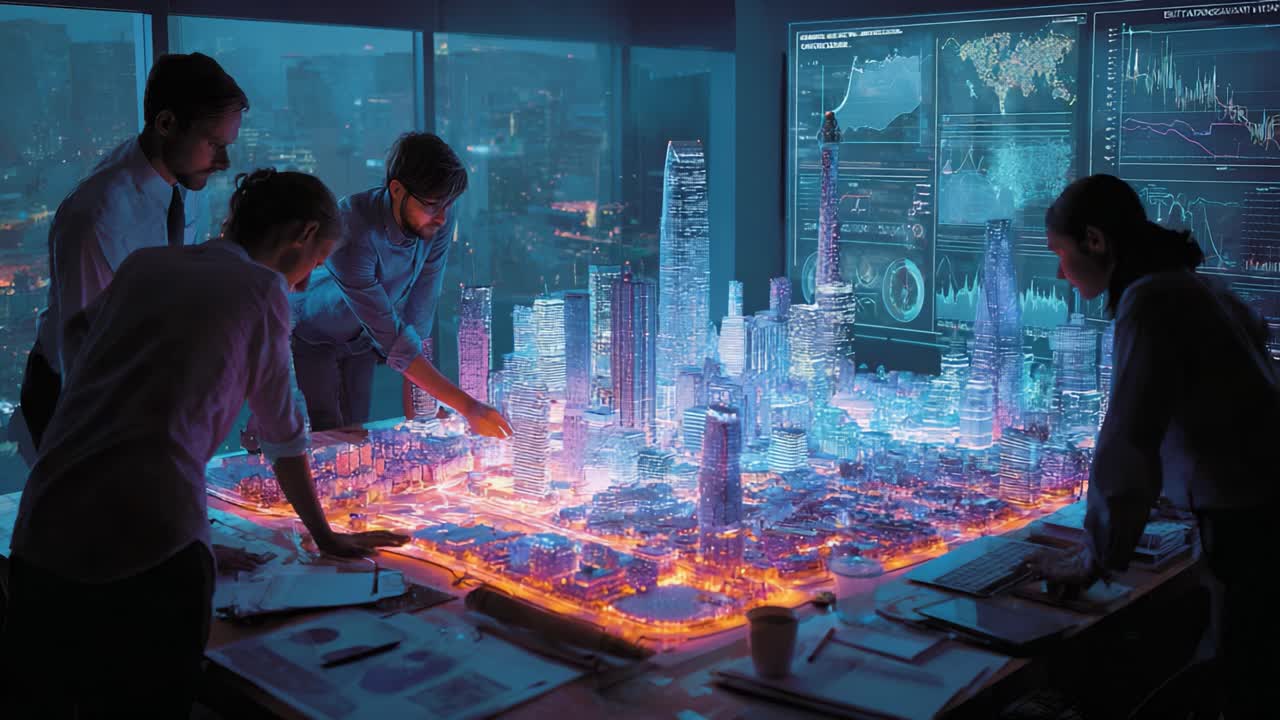Innovative Urban Planning: A Futuristic Team Collaboration Over a Virtual City Model with Data Visualization Tools in a High-Tech Environment