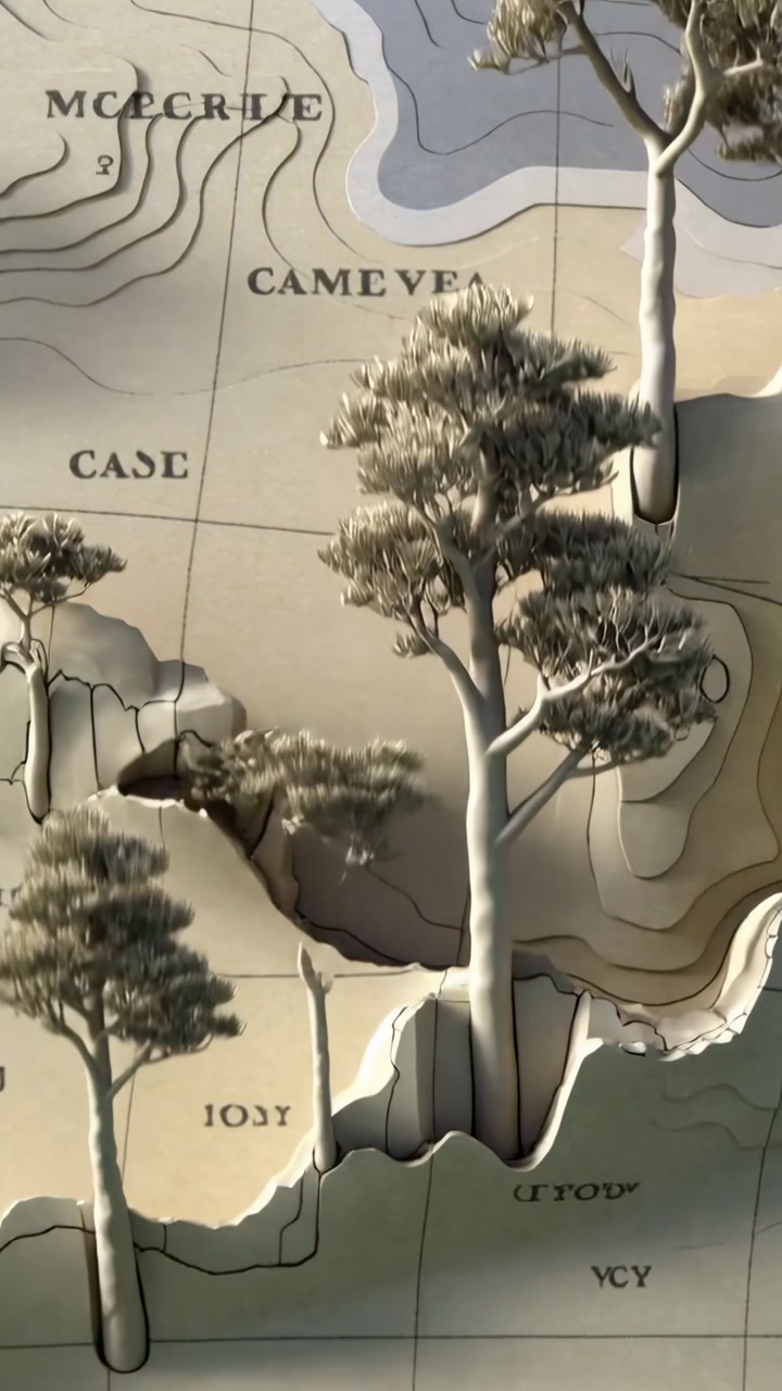 Vertical video: Panning camera revealing relief map at gallery to show contours, labels and trees