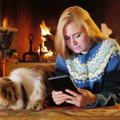 Mujer-Joven-Caucásica-Acostada-Junto-A-La-Chimenea-Use-La-Tableta-1