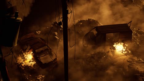 a-dystopian-destroyed-ruined-city-on-sunset,-with-debris,-two-damaged-cars,-smoke-and-fire,-3D-animation,-animated-scene,-camera-top-view