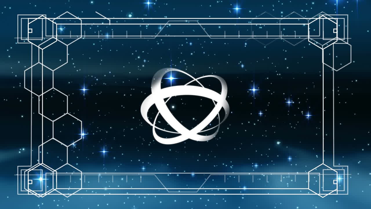 야간 하늘의 별 위에 회전하는 원 위에 마커와 육각형이 있는  ⁇  프레임의 애니메이션