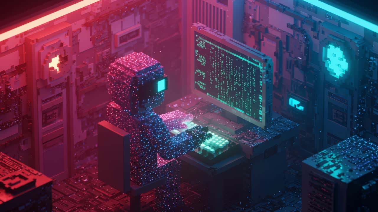 Digital hacker engages in coding activity inside a high-tech virtual environment filled with glowing pixels and data streams