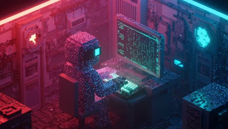 digital hacker engages in coding activity inside a high-tech virtual environment filled with glowing pixels and data streams