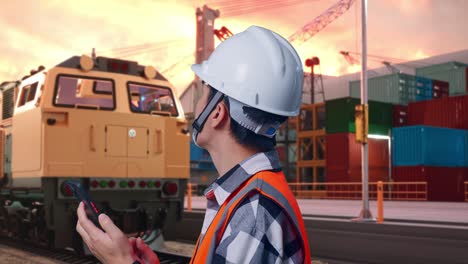 engineer at port with train and containers