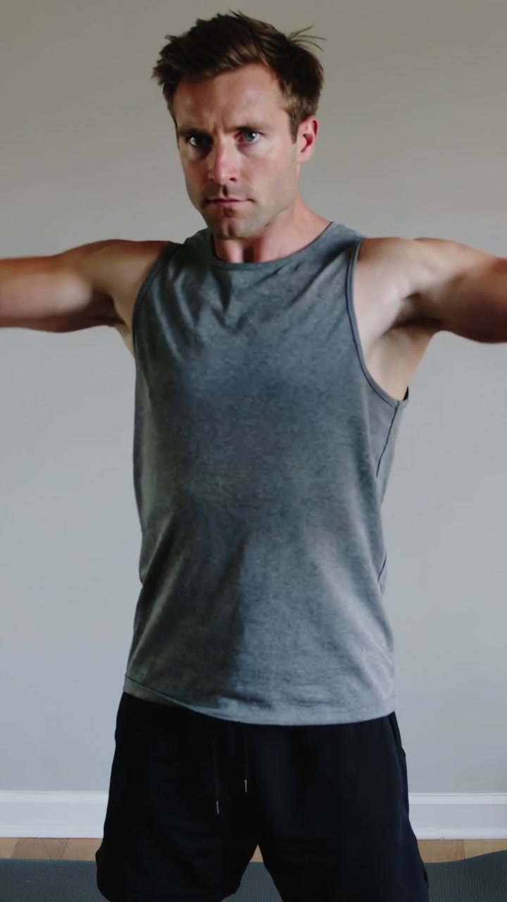 Vertical video: Starting weights down man in tank raising dumbbells laterally at home for shoulders
