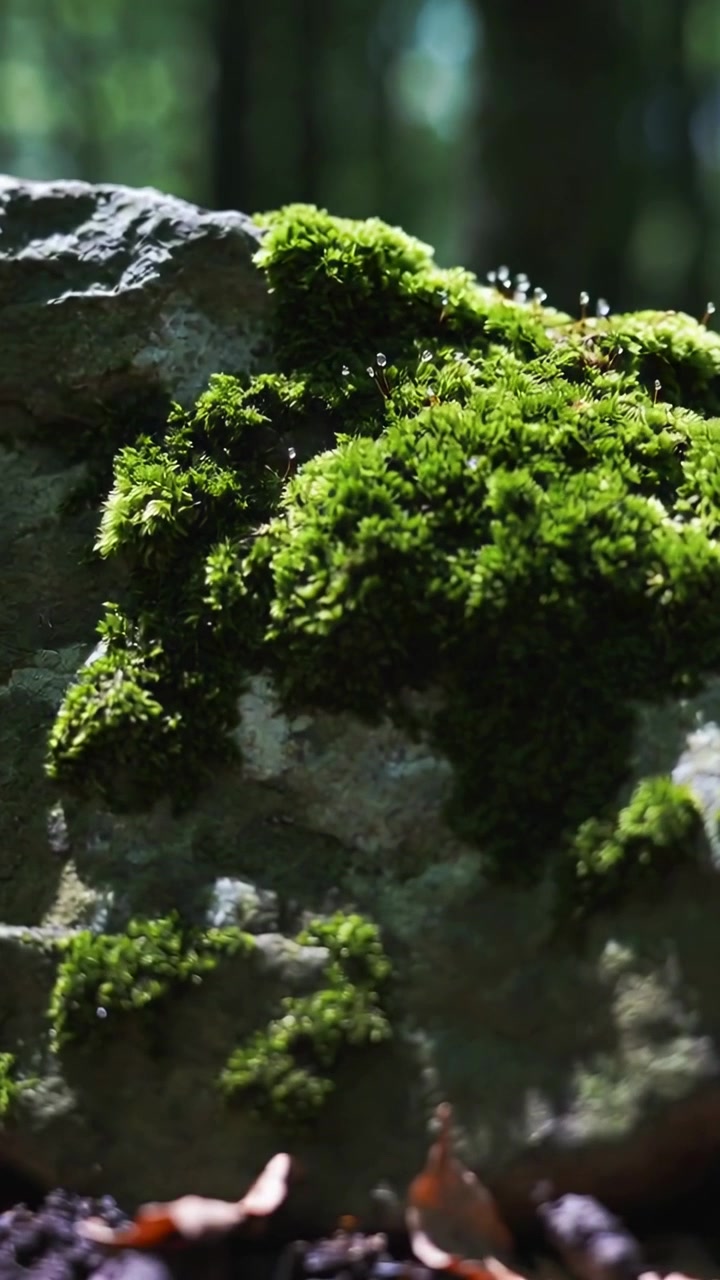 Video verticale: Nebbia che si dirada rivela una roccia muschiosa sul suolo della foresta, evidenziando le punte degli sporofiti.