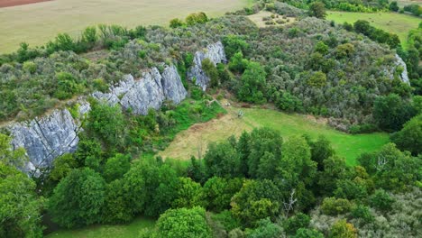 rochefort cave and saulges cave on aerial view with erve river, saint-pierre-sur-erve, france