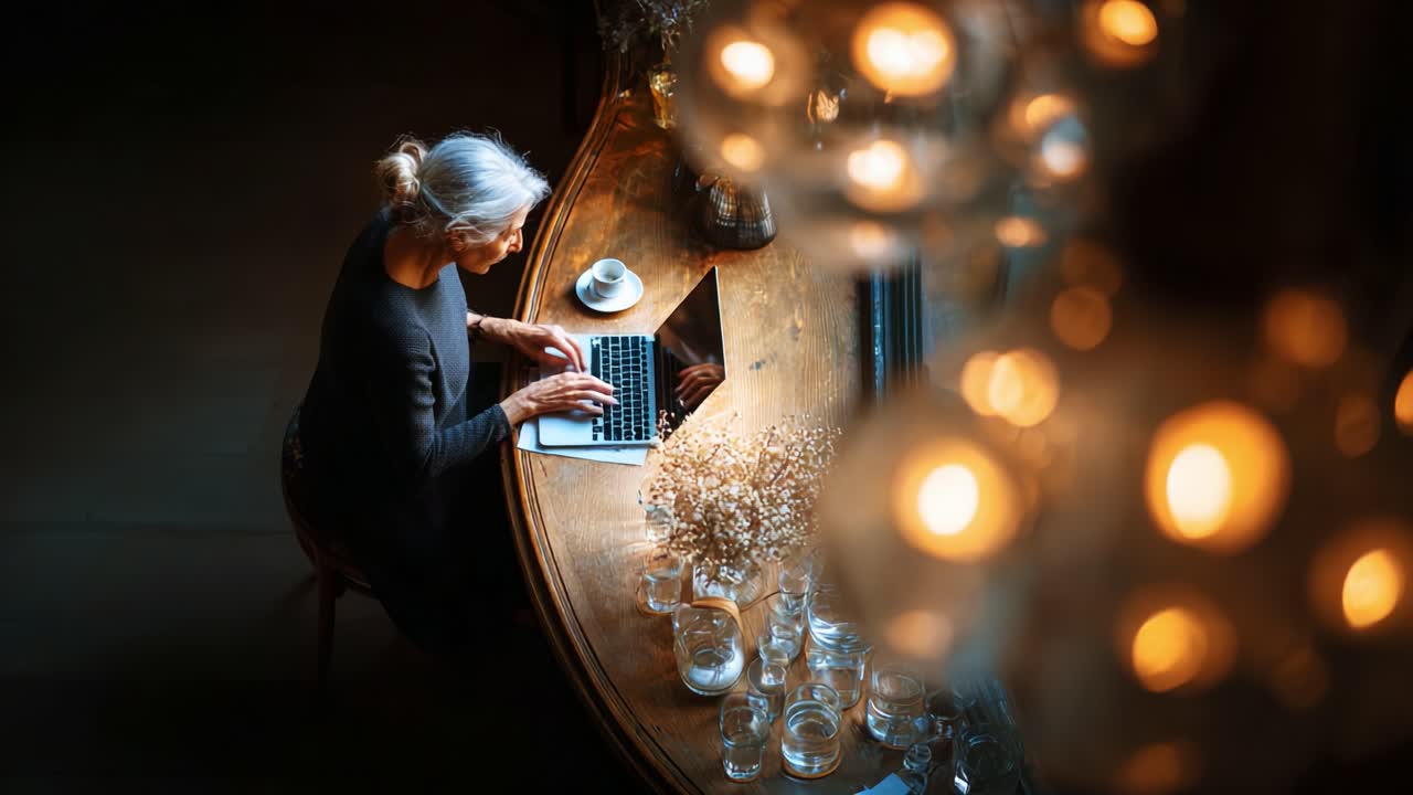 An Introspective Moment Highlighting a Woman Engaged in Writing at a Cozy, Well-Lit Workspace Surrounded by Warm Lighting and Delicate Floral Arrangements