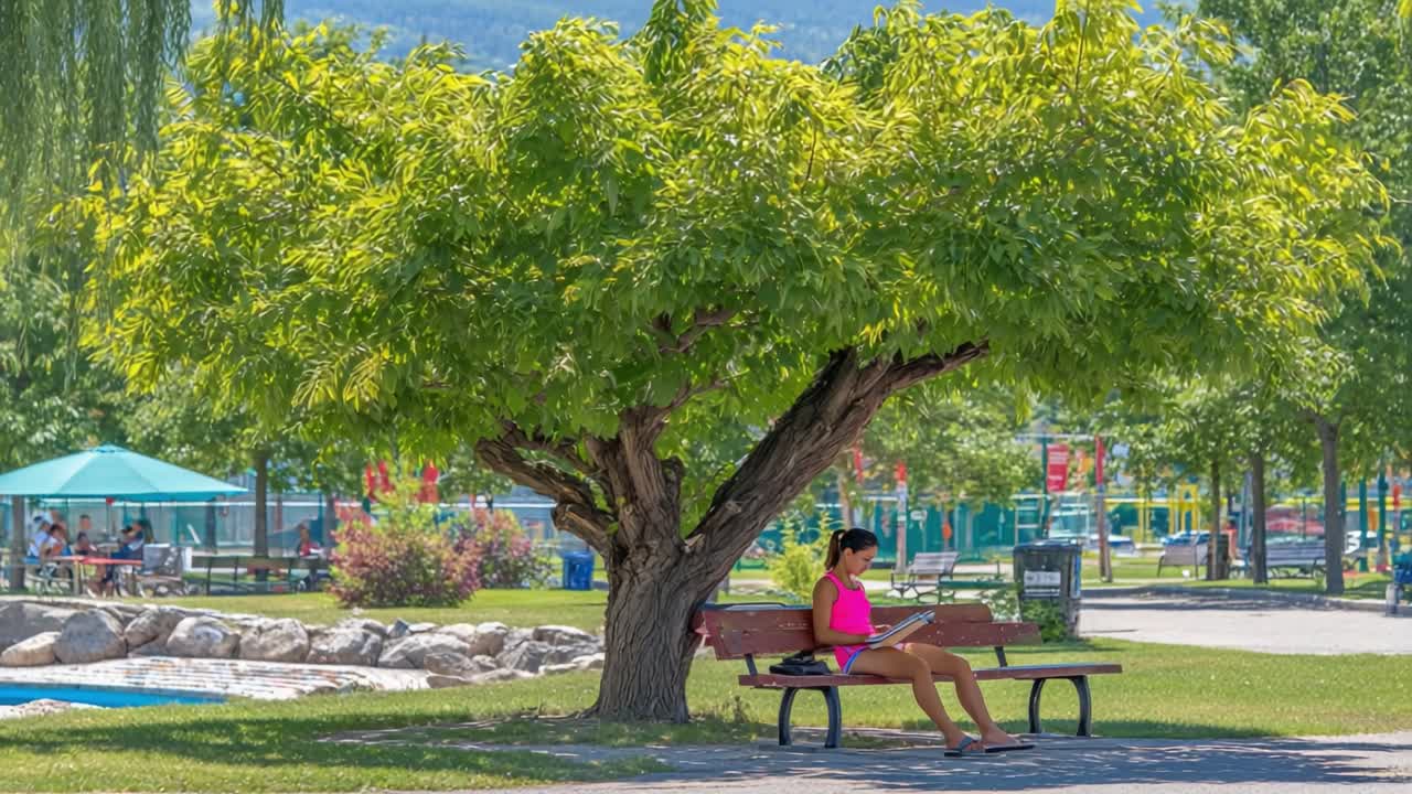 A Serene Scene of a Young Woman Enjoying a Day Outdoors Beneath a Lush Tree While Reading in a Park with a Vibrant Atmosphere