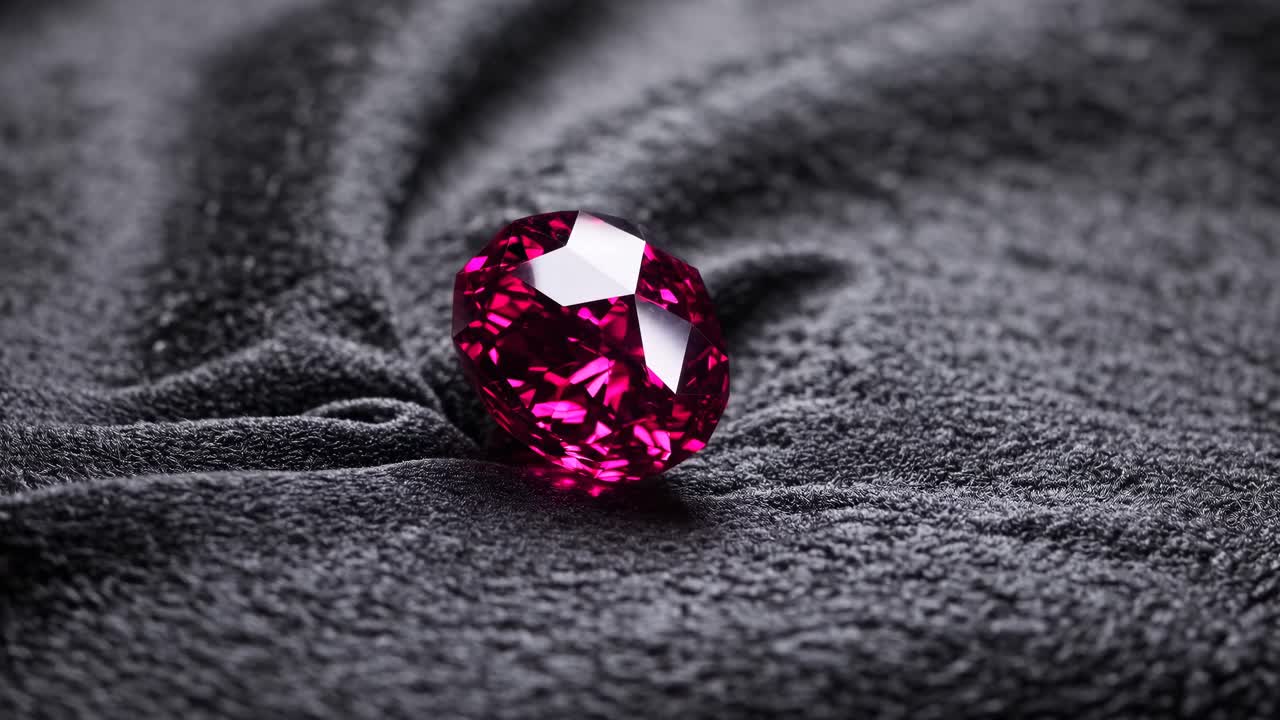 Close-up video of a sparkling pink gemstone on textured black fabric, captured from a low angle