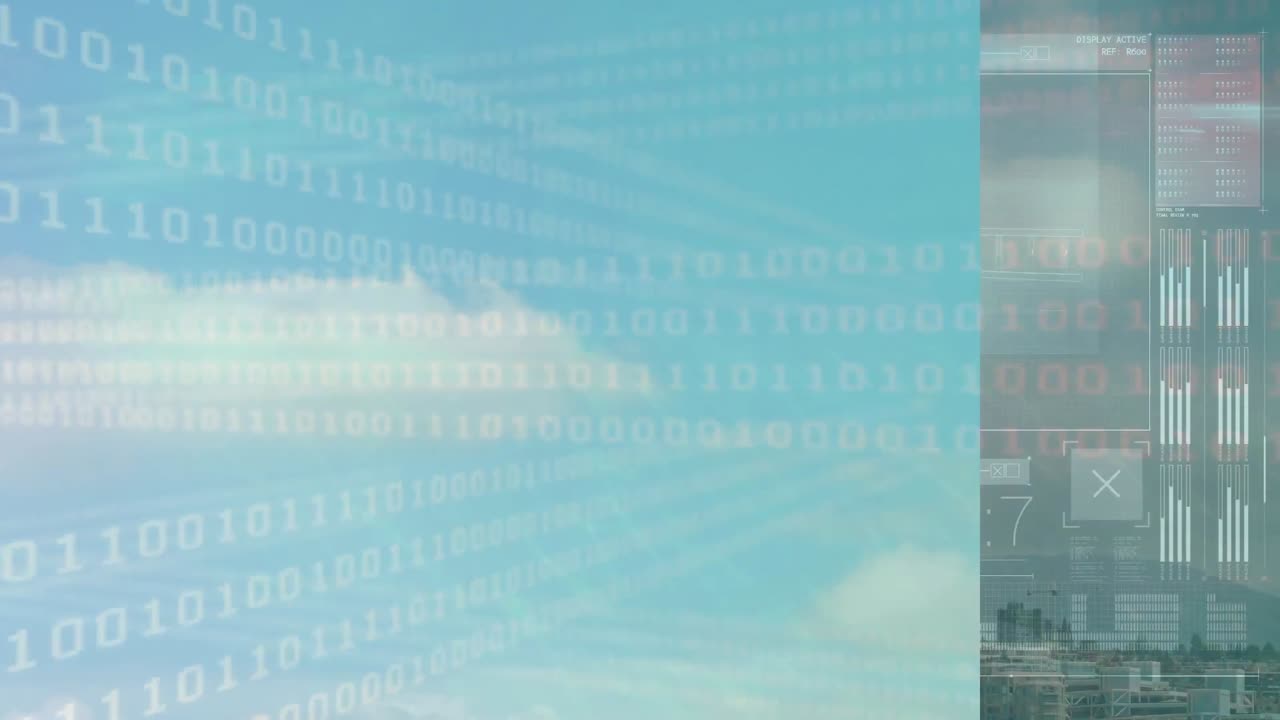 도시 풍경 위에서 변화하는 숫자의 애니메이션과 데이터 처리