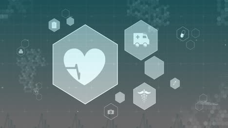 medical icons and heart rate animation on grid background, representing health data