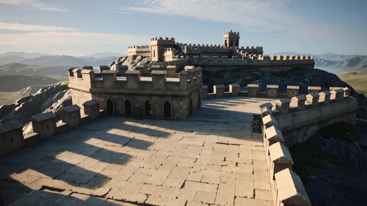 Panoramica della telecamera che rivela una fortezza di pietra su un'altura rocciosa con merli, aperture ad arco e colline distanti.