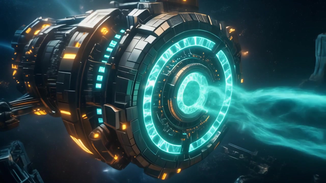 Stazione spaziale futuristica che emette un raggio di energia luminoso nello spazio profondo