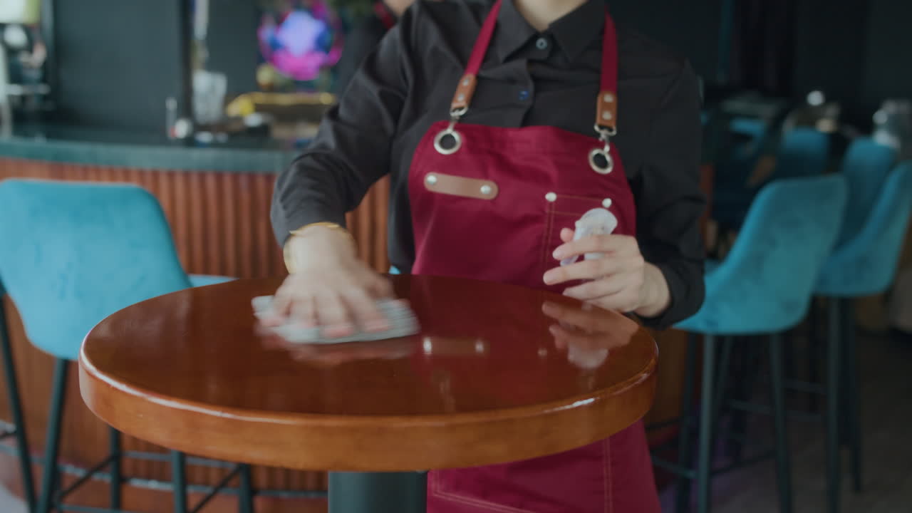 Unrecognizable Waitress Using Spray to Disinfect Tables for Guests in Cafe