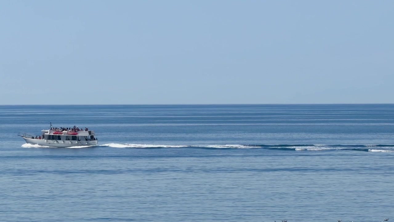 穏やかな青い海を航行する遊覧船
