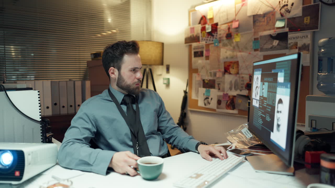 Detective Drinking Coffee at His Desk